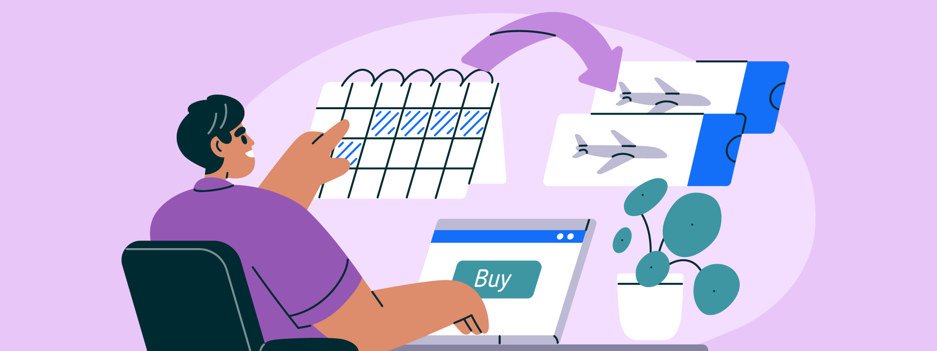 A person sitting at their computer, comparing flight options while booking travel plans online