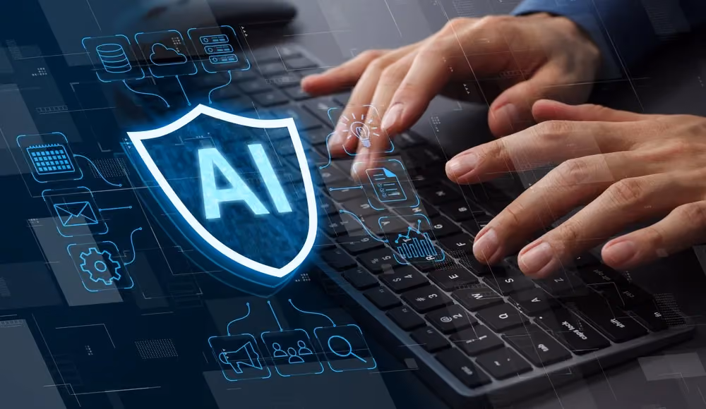 A futuristic illustration depicting AI security measures safeguarding the internet, with digital locks and network connections.